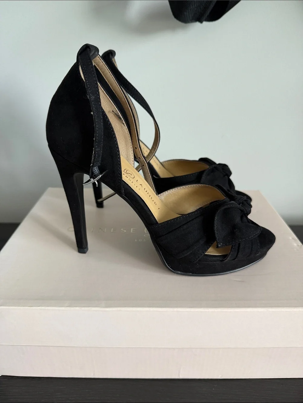 Chinese Laundry Black Knotted Bow Peep-Toe Ankle Strap Heels